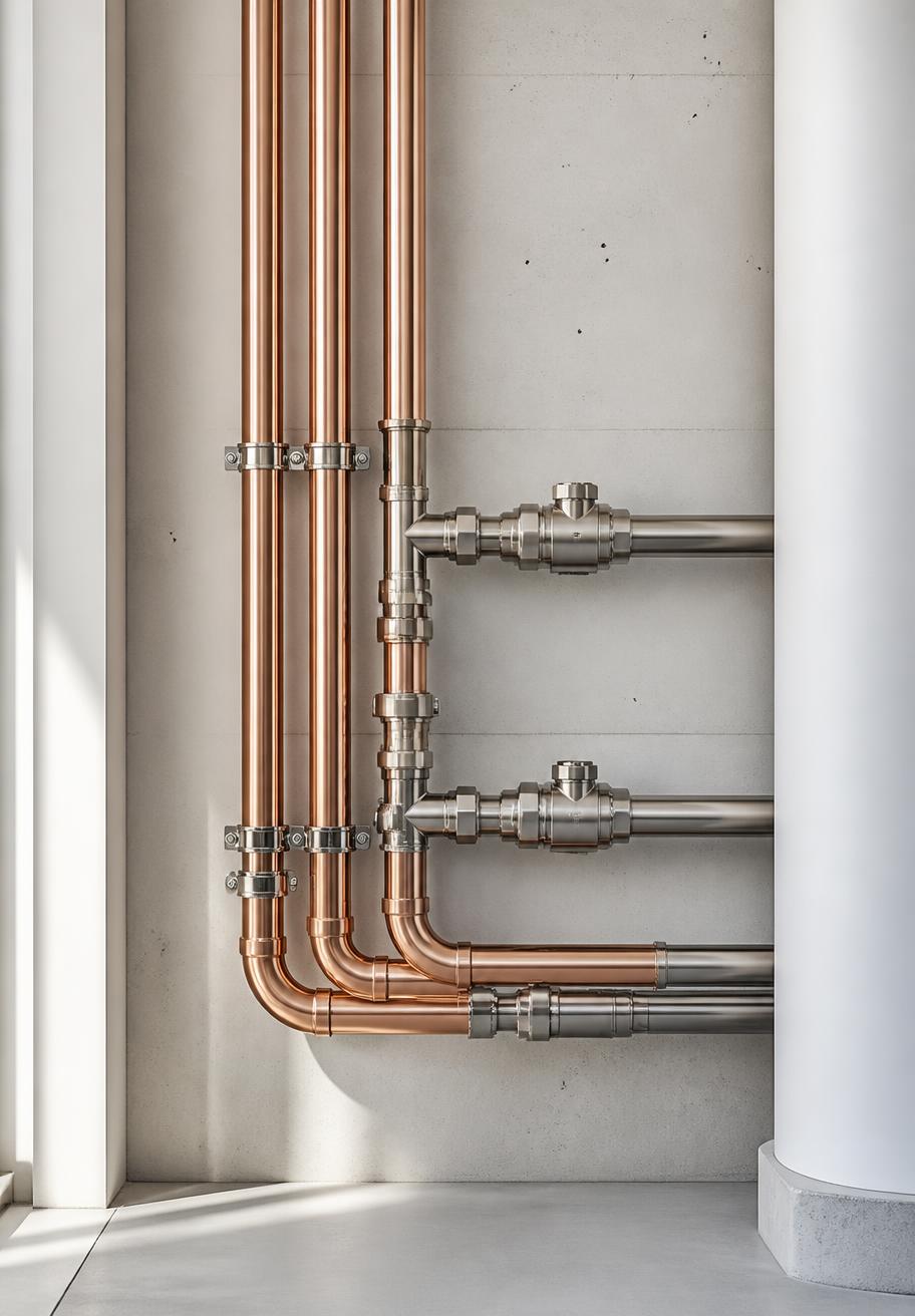 Organized copper and stainless plumbing connections